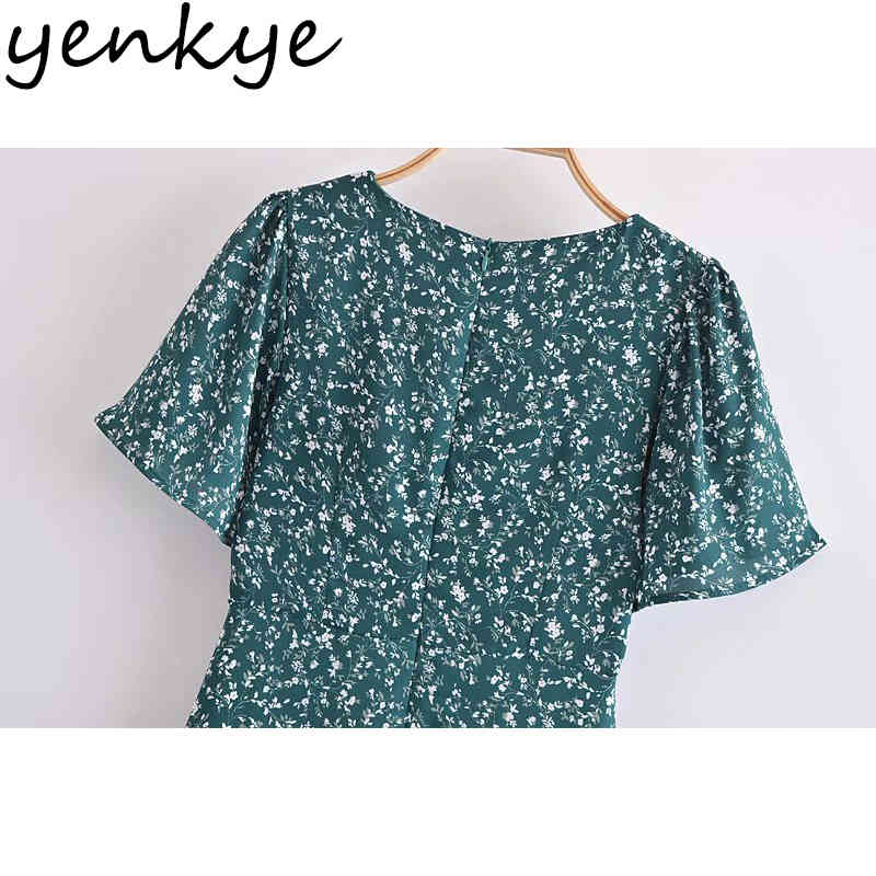 Vintage Green Floral Print Dress Women O Neck Short Sleeve A-line Holiday Summer Chiffon Ruffle Vestido 210430