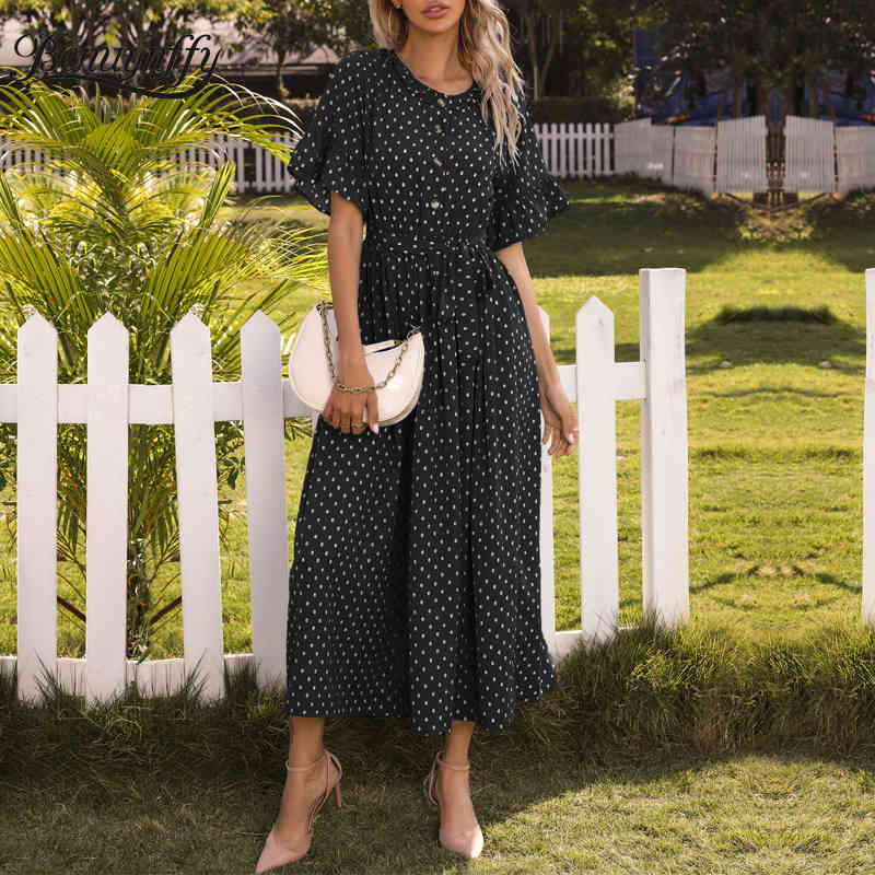 O-Neck Frill Trim Elegant Button Women Dresses Summer High Waist Short Sleeve Printing Long Dress with Belt 210510