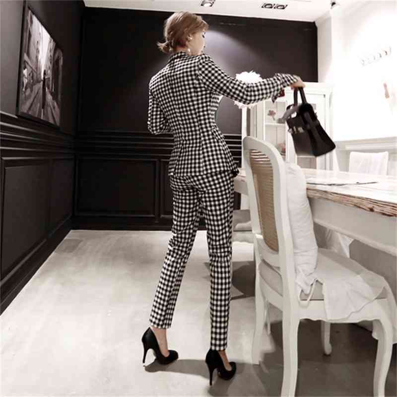 Fashion Business Pant Suits Formal women Plaid single-breasted Jacket and Long Blazer Set Women Office OL 2 Pieces Suit 210519