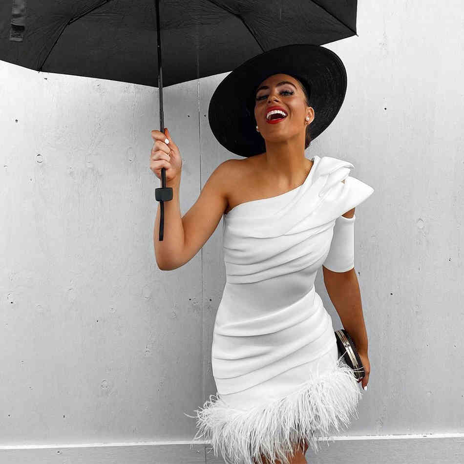 Summer Women White One Shoulder Bandage Dress Sexy Sleeveless Feathers Mini Celebrity Runway Party Vestidos 210423