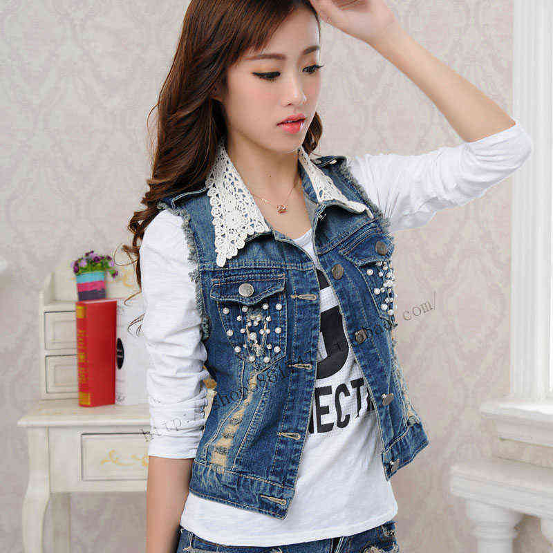 Korean Lace Turn-down Collar Women's Denim Vest Fashion Beaded Slim Jeans Waistcoat Female Plus Size Sleeveless Jacket Cardigan 211120