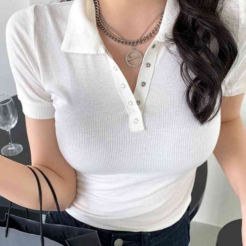Women Summer Polo Shirts Office Ladies Short Sleeve Solid Turn Down Collar Button Elastic Top Female 100% Cotton Bottoming Shirt 210514
