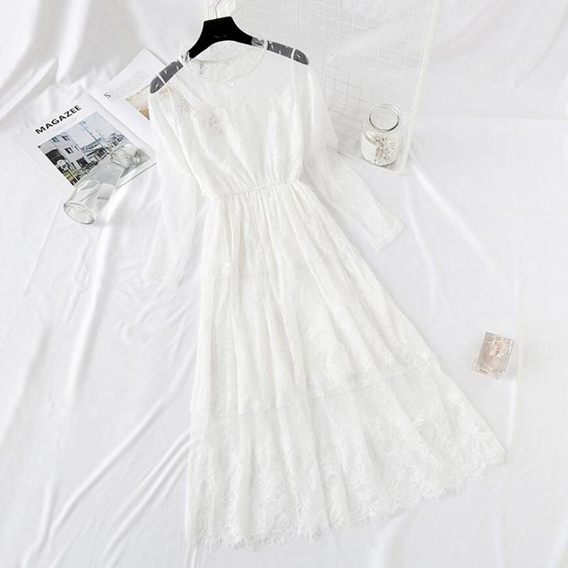 Black White Lace Dress Party Women Elegant Cake Lotus Leaf Collar Midi Fairy Mesh Dresses Elastic Waist Spring Summer Vestidos 210521