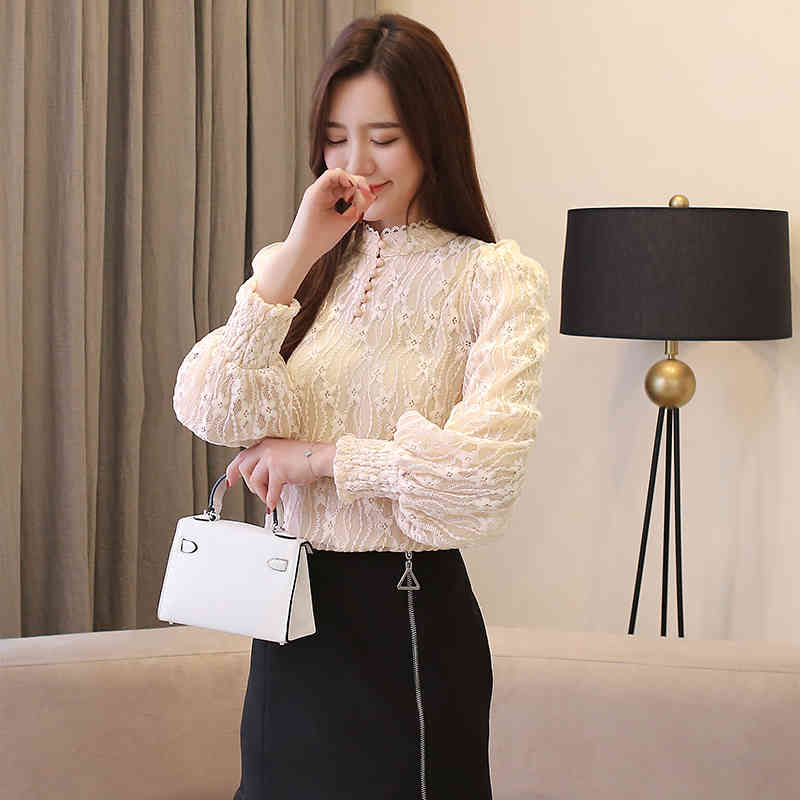Autumn Women Lace Blouse Puff Long Sleeve Shirts Fashion Casual Ladies Tops Clothes Womens and Blouses 10512 210506