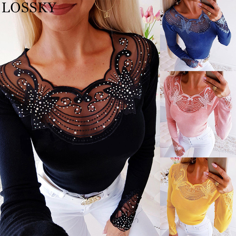 Autumn Winter Mesh Lace Beading Patchwork Sexy Bodycon Women's T-shirt Slim Long Sleeve Black Tshirt Female Shirt Blusas 210507