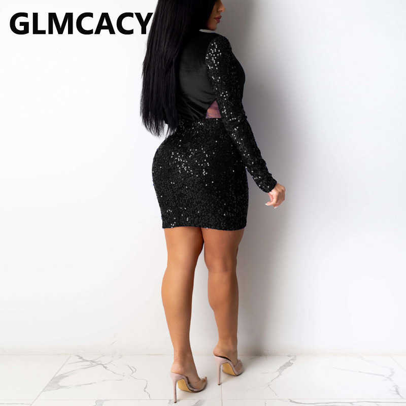 Women Long Sleeve Mesh Insert Dress Velvet & Sequin Patchwork Bodycon Dresses 210702