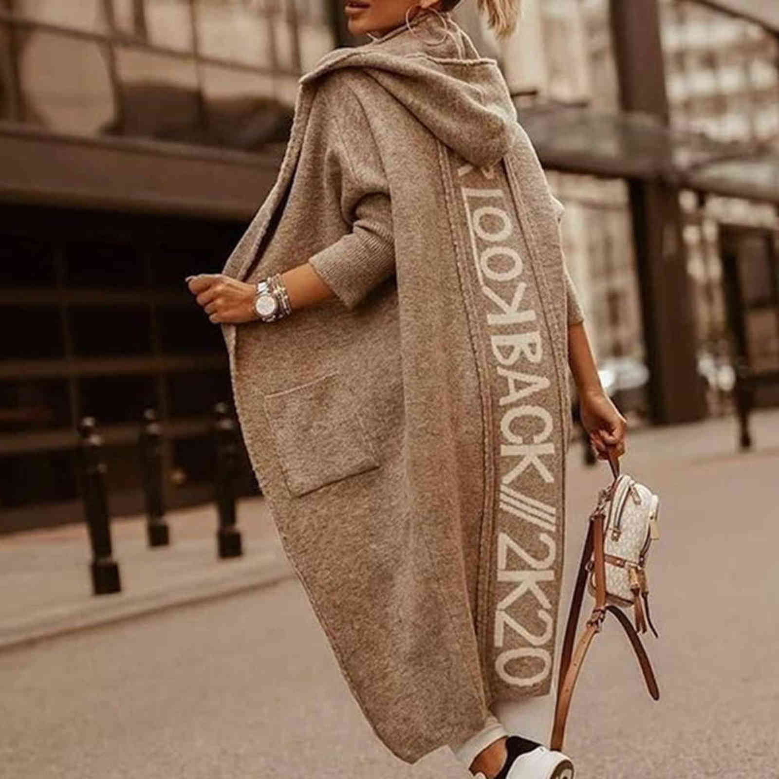 Women's Knitted Mid-length Hooded Cardigan Letter Stitching Knitted Sweater Women Jacket 211117