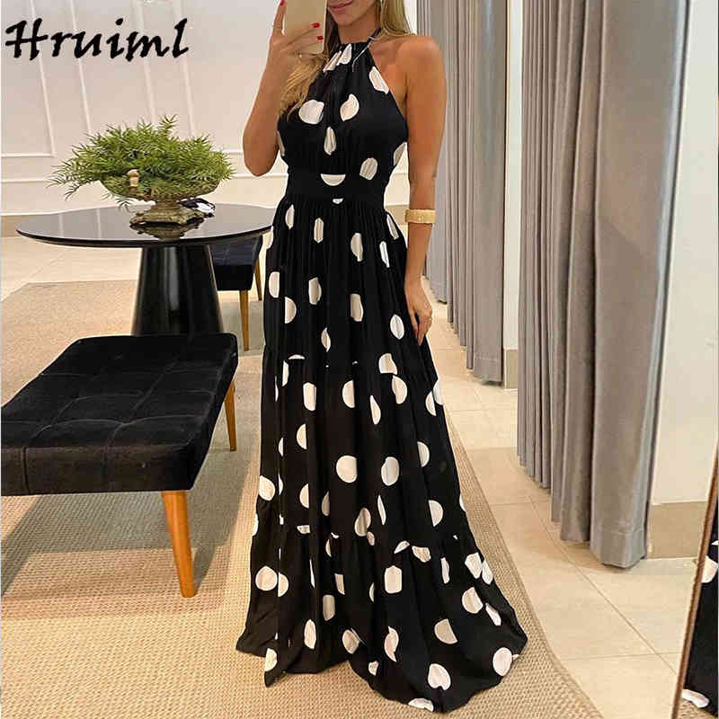 Women's Summer Sundresses Halter High Waist Leopard Plok Dot Print Long Dress Party A Line Casual Elastic 210513