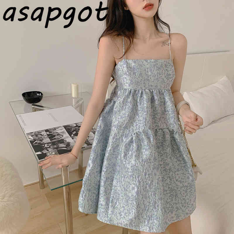 Dress Summer Fresh Sweet Retro Loose Girls Gentle Temperament Sexy Sleeveless Spaghetti Strap Mini Chic Vestidos Ball Gown 210429