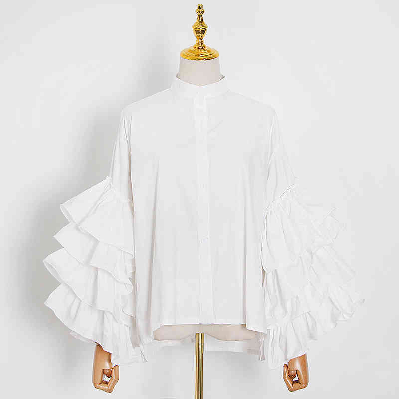 Patchwork Ruffle White Shirt For Women Stand Collar Long Sleeve Elegant Shirts Female Autumn Fashion 210524
