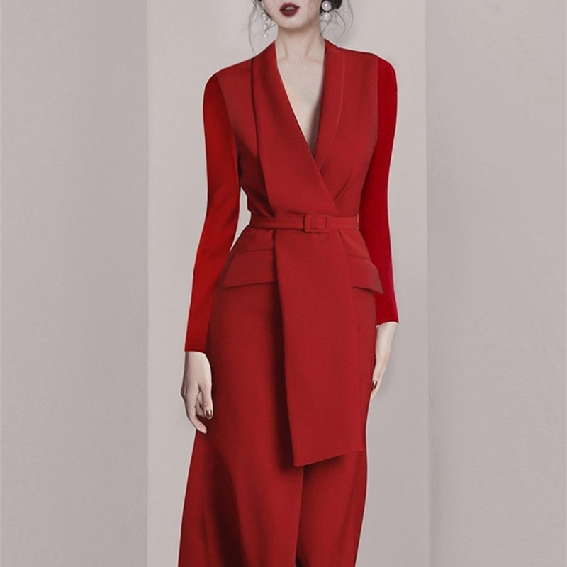High Quality OL Ladies -end Red Notched neck Long sleeve Blazer Dress Vintage Waist Party vestidos 210519