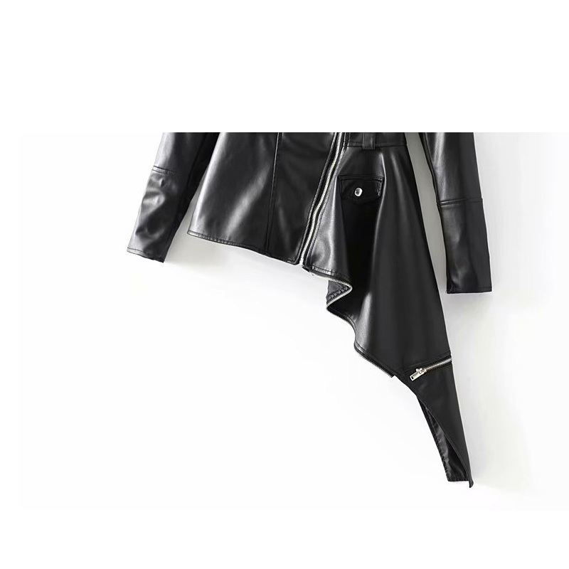 Elegant women's autumn irregular locomotive pu leather short jacket long sleeve black color female jacket 210507