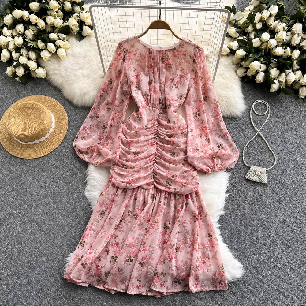 Bohemian Women Floral Chiffon Draped Long Dress Boho Vacation Beach Robe Female Puff Long Sleeve High Waist Party Vestidos New 2022