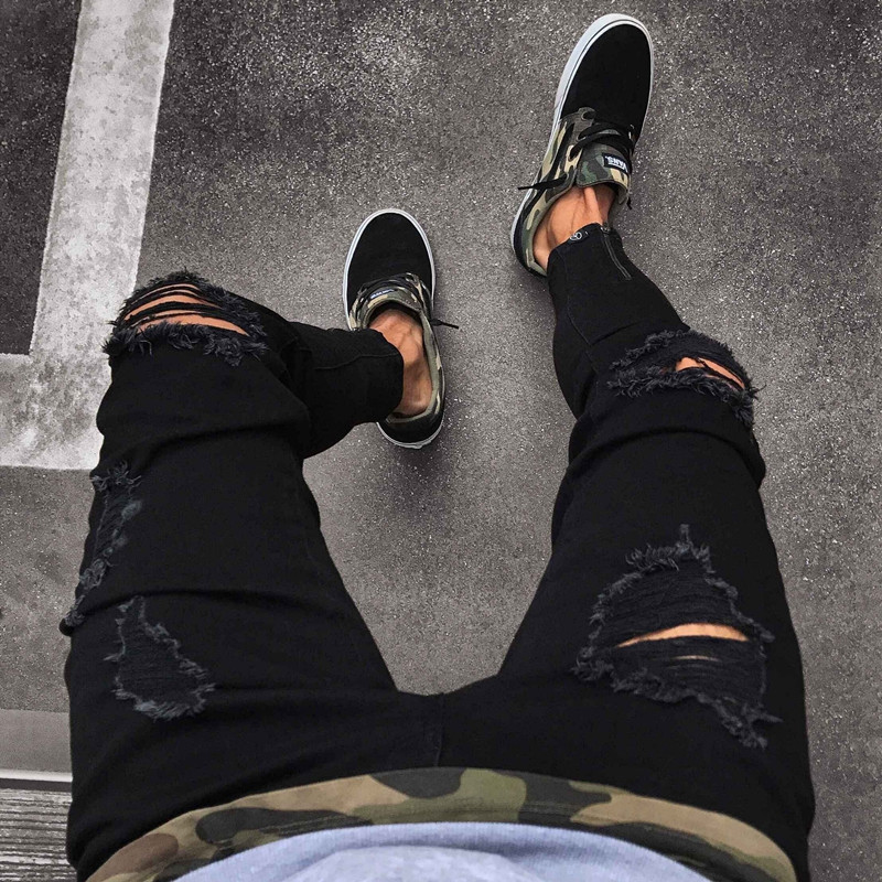 Fashion Men Ripped Biker Jeans streetwear Slim Denim Pants Elastic Skinny Destroyed Hip hop Zip black Jeans Casual Trousers