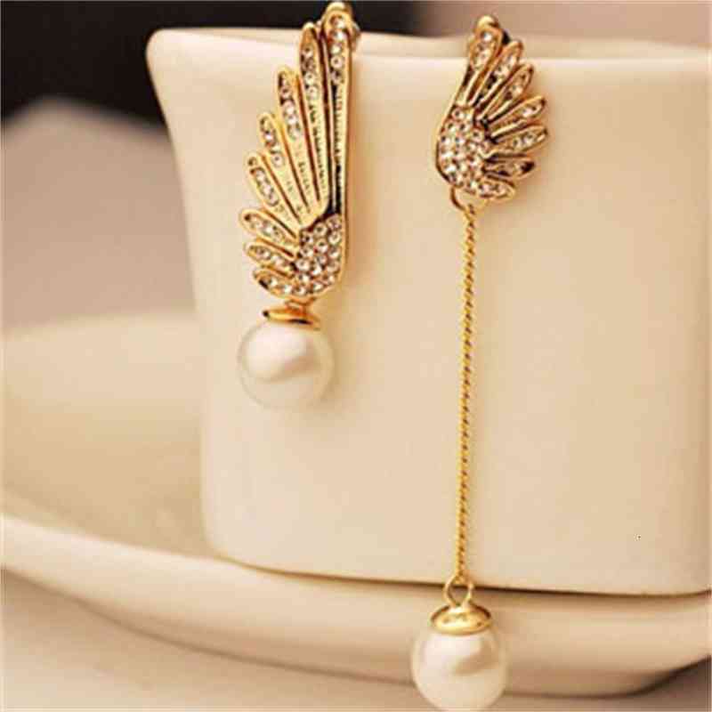 Charms Ear Stud Clip Rings Japan and South Korea Jewelry Angel Wings Pearl Asymmetric Long Tassel Rhinestone Female