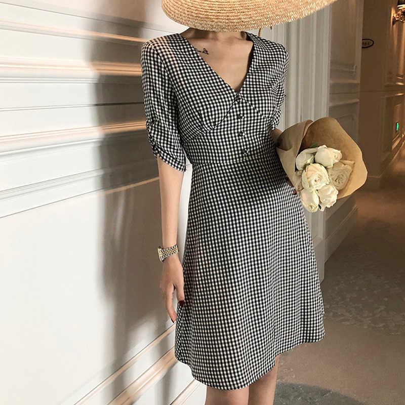 Bella Style Korean-style WOMEN'S Wear French-Waist Hing A- line V-neck Backless Short Sleeve dress 210630