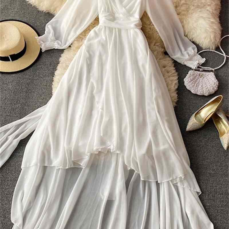 Beach Style Solid White Dress Women V-neck Asymmetrical Long Dresses Summer Korean Chic Vestidos De Mujer 210519