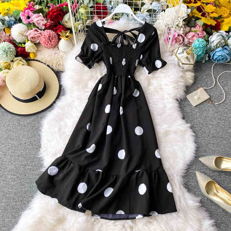 Dot Women Dress Summer Short Sleeve Bow Tie Sqaure Collar Vestidos Femme Korean High Waist Ruffle Dresses 210422