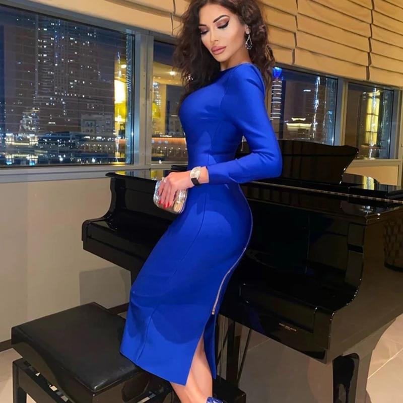 Sexy Christmas Zipper Design Long Sleeve Bandage Dress Bodycon Celebrity Vestidos De Fiesta Club Dresses For Women Party Casual