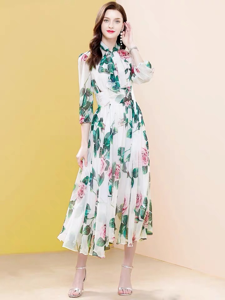Spring Summer Runway Vintage Rose Flower Print Party White Dresses Women's Elegant Bow Collar DinnerBoho Beach Midi Dress 210421