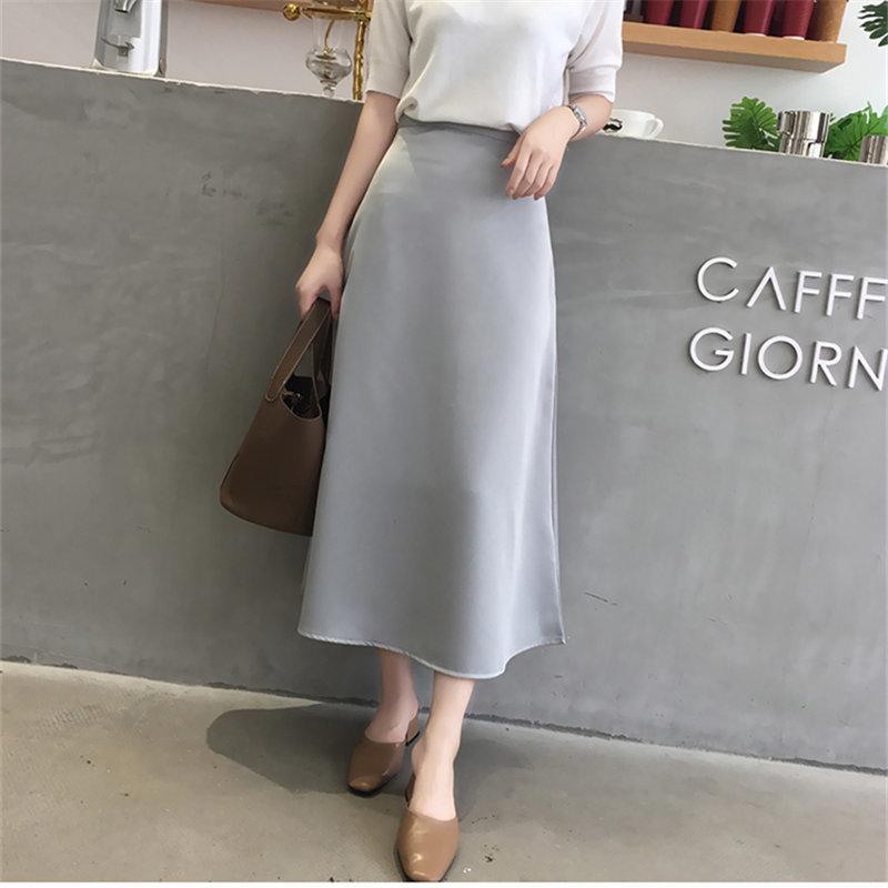 Vintage Solid High Waist Retro Skirt Satin Female Streetwear Plus Size Fashion OL Elegant Long Skirts 210421