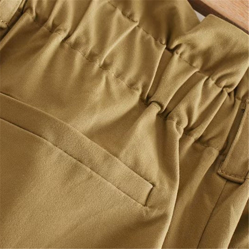 Women Khaki Cotton Paperbag Pants Fashion Streetwear Pockets Pleated Waist Trousers Ladies Casual Long Pantalon 210515