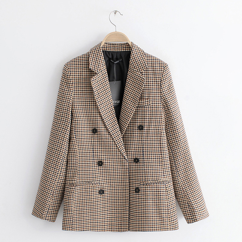 Vintage Woman Plaid Suit Blazer Fashion Ladies Autumn Casual Elegant jacket Femal Double breasted Coat 210515