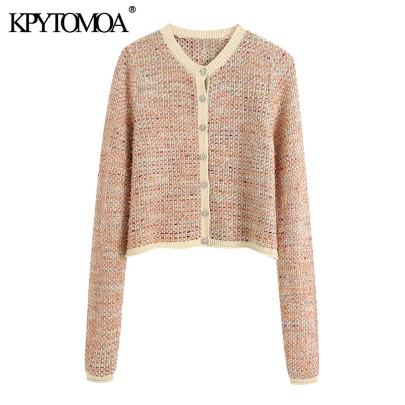 Women Fashion Bejewelled Button Cropped Knitted Cardigan Sweater Long Sleeve Female Outerwear Chic Tops 210420