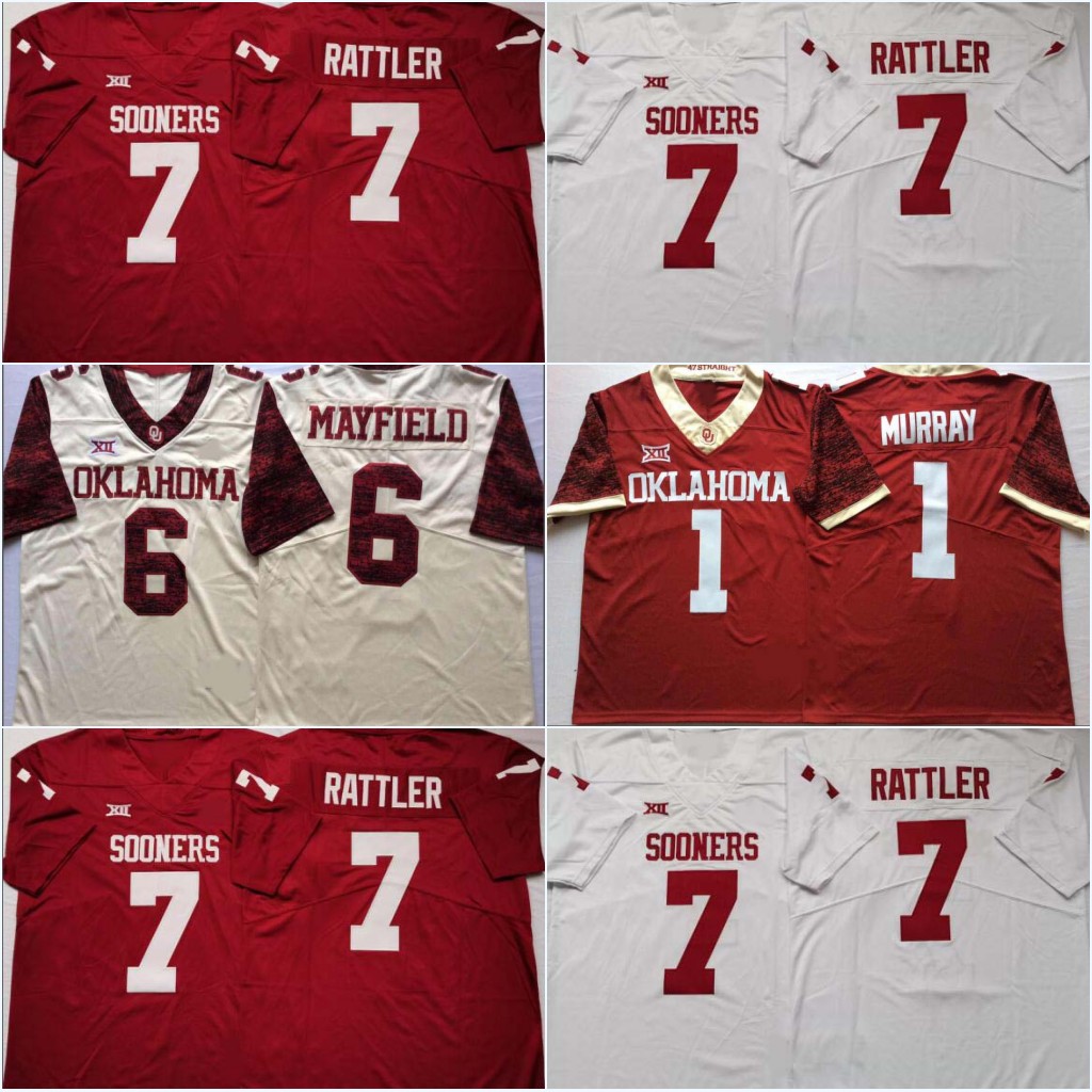

OU College #7 Spencer Rattler #5 T.J. Pledger Seth McGowan #24 Marcus Major #17 Marvin Mims #14 Charleston Rambo #10 Theo Wease #2 Lamb Hurts #1 Murray #6 Baker Mayfield Jerseys, Blue
