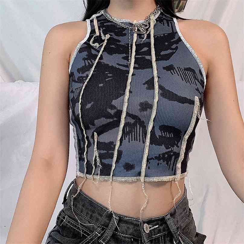 Bodycon Tie-dye casual tank top female Gothic street Patchwork camisole summer club sleeveless knitting crop tops femme 210607