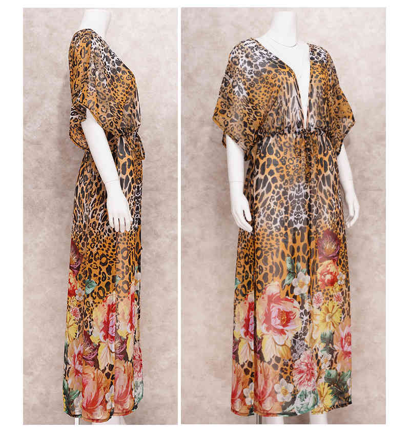 Print Chiffon Beach Cover up Tunics for Long Kaftan Bikini Robe de Plage Sarong Swimsuit cover Q1178 210420