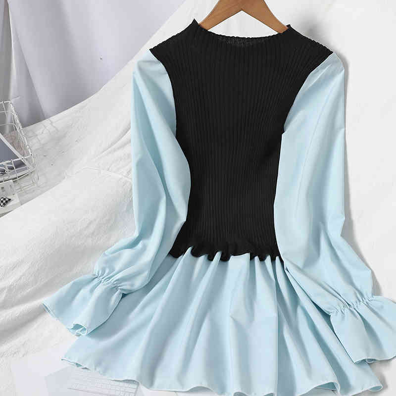 Nomikuma Knitted Patchwork Pullover Women Blouse Korean Buttons Long Sleeve O-neck Shirt Spring New Blusas Feminimos 6D989 210427