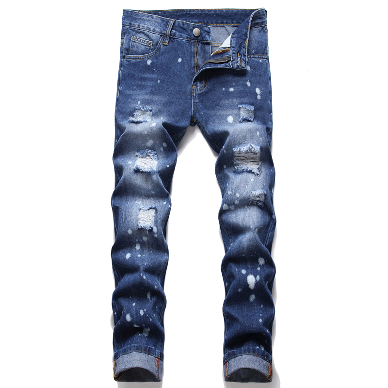 

Men's Washed Slim Fit Beggar Jeans Fashion Straight Leg Distressed Destroyed Biker Casual Denim Pants Big Size Motocycle Hip Hop Trousers For Male BY205, 208