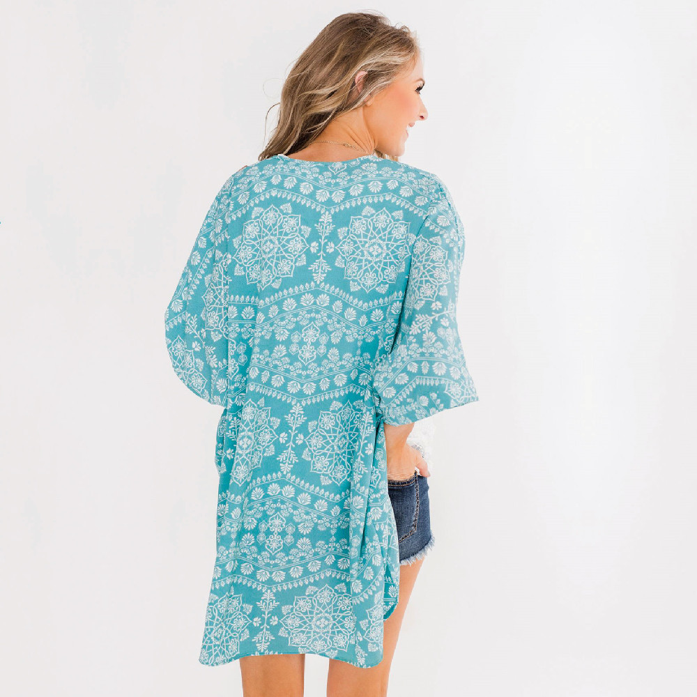 Blue Boho Print Chiffon Bathing Suit Cover-ups Plus Size Beach Wear Short Kimono Dress Women Summer Swimsuit Cover Up A824 210420