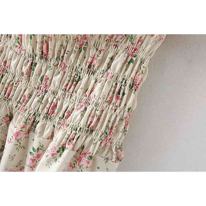 France Style Yellow Floral Print Elastic Waist Women Dresses Vintage Fashion Cap Sleeve Short 210429