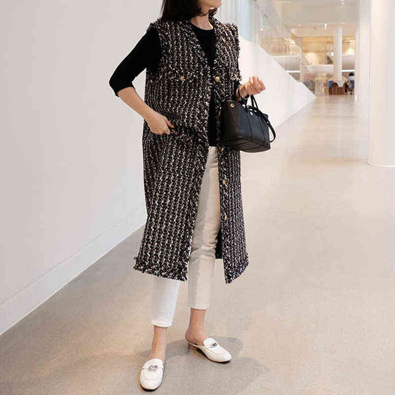 LANMREM v-neck black single-breasted elegant Tweed vest autumn plaid pattern Korean style all-match waistcoat for Women 2A986 211120