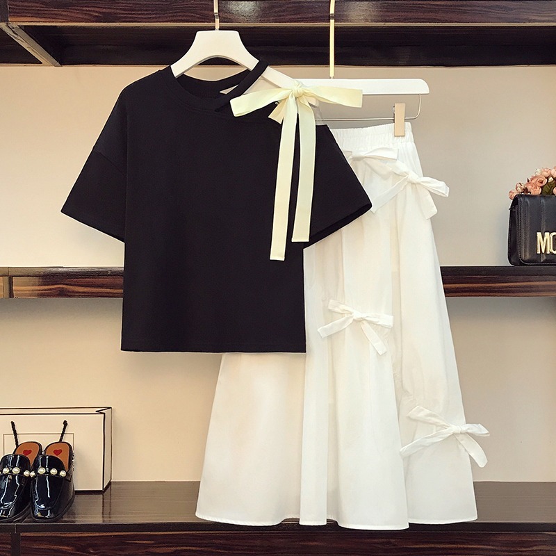 plus size Summer korean 2 piece set Women Sweet Sexy One Shoulder Black T-Shirt and High Waist White Bow Midi Skirts Suit Female 210519