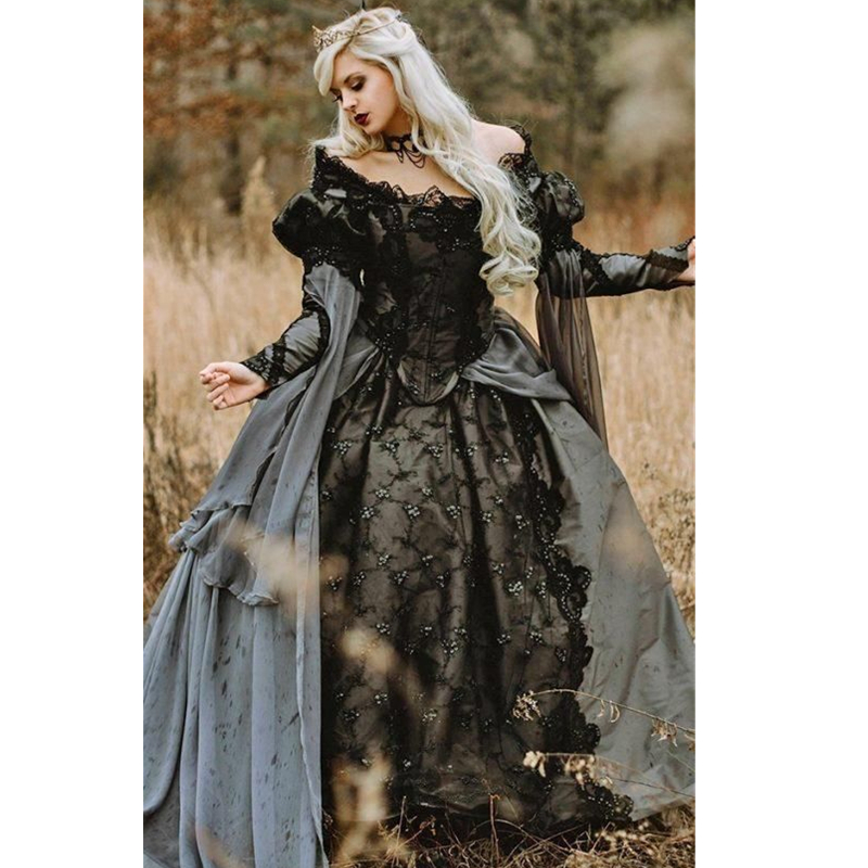 Gothic Black And Gray Ball Gown Wedding Dresses Lace Appliques Puff Long Sleeve Country Garden Vintage Victorian Wedding Gowns Bridal Masquerade Dress