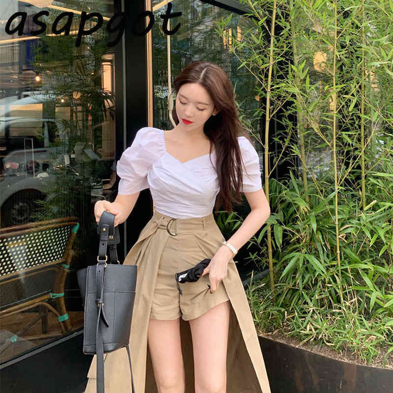 Summer V Neck Puff Short Sleeve White Blouse Tops Shirts High Waist Khaki Irregular Skirt s Streetwear Retro Casual 210429