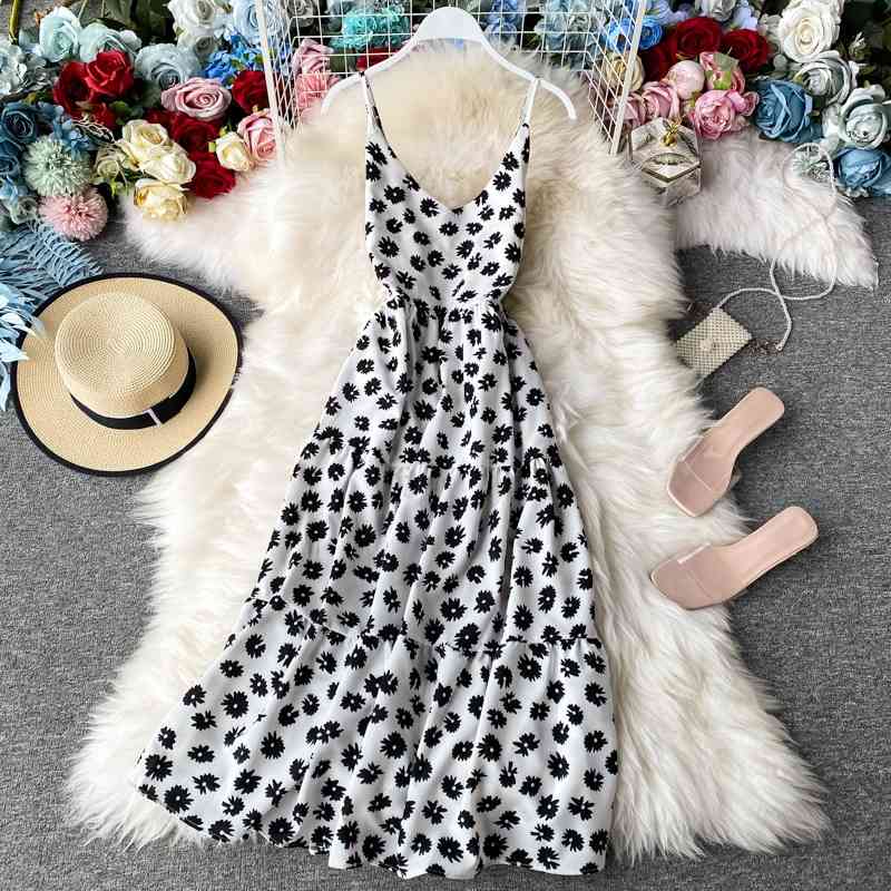 LY VAREY LIN Summer Sexy Spaghetti Strap Floral Dress A Line V neck Sleeveless High Waist Mid-Calf Lady 210526