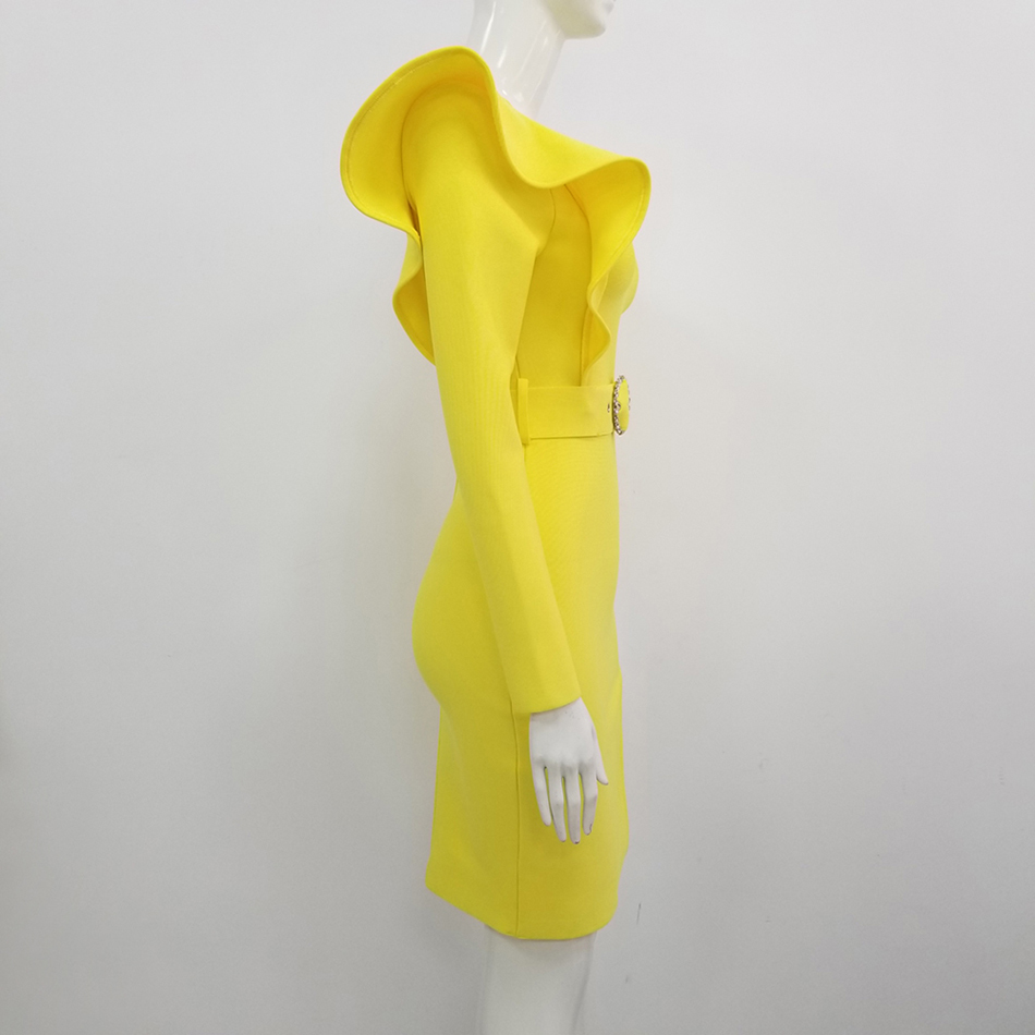 Free Sexy Yellow Bandage Dress Women One Shoulder Long Sleeve Ruffled Belt Bodycon Club Party Vestidos 210524