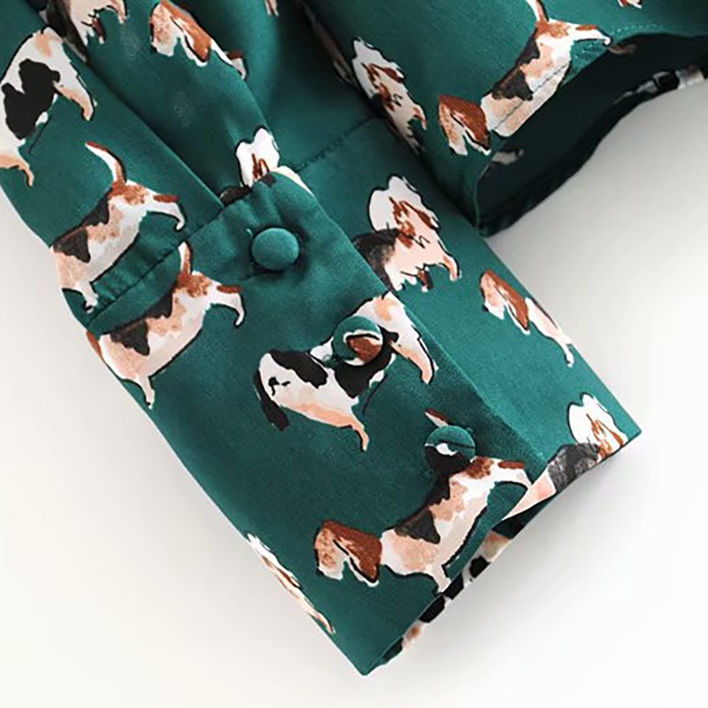 Women Green Dog Print Blouse Shirt Puff Sleeve Elegant Bow Tie Vintage Animal Pattern Top Casual Long Polyester