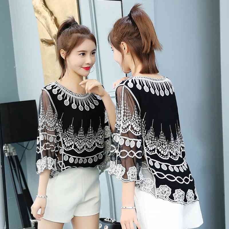 Summer Blouse Women Blusas Mujer De Moda O-neck Embroidery Chiffon Blouse Shirt Women Tops Womens Tops And Blouses C926 210602