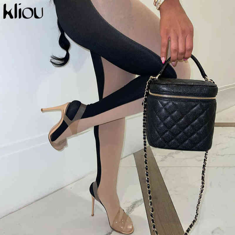 Kliou Mesh Patchwork Foot Leggings Skinny Body-Shaping Medium Waist Street Style Female Fashion Sexy Hipster High Trouser 211204