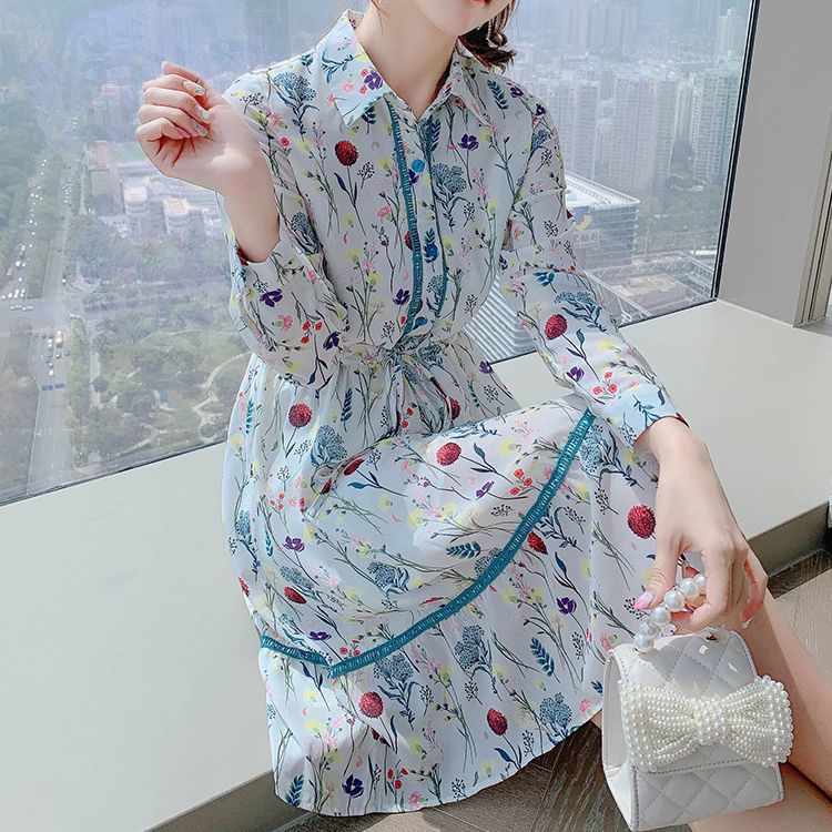 Spring Casual Vintage Floral Printed Shirt Dresses For Women Long Sleeve Loose Ruffles Elegant Bow Chic Dress Lady Clothes Femme 210515