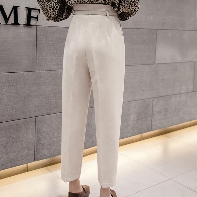 Spring Autumn Casual Suit Women's Workwear Solid High Waist Straight Pants Capris Trousers With Belt B11308P 210416