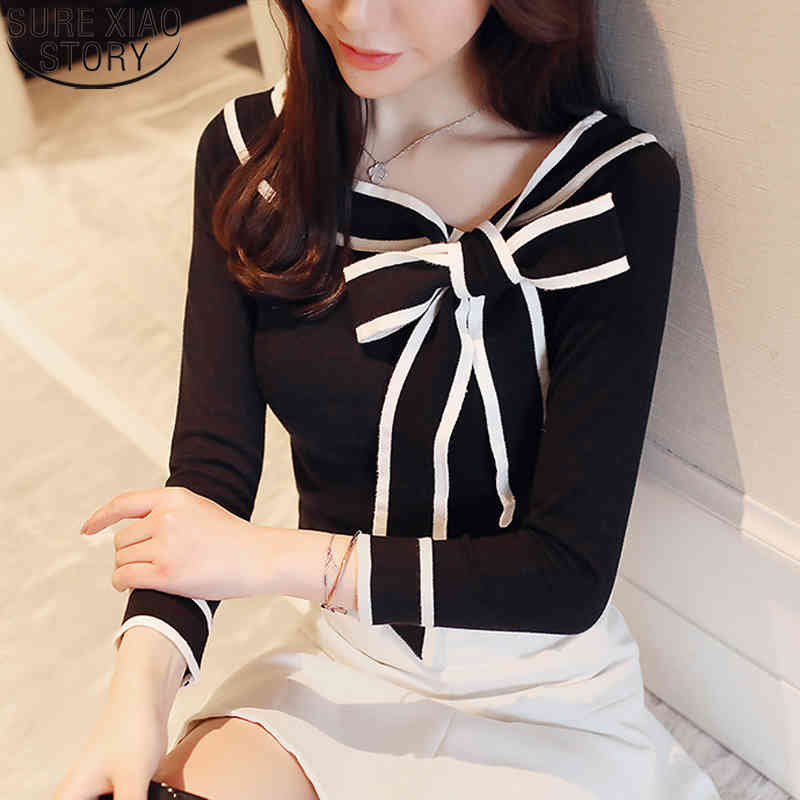 Women Knitted Shirts Bow Blouse Spring Bottoming Shirt Elegant Fashion Black Long Sleeve Blouses Blusas Mujer Ladies Tops 8024 210506