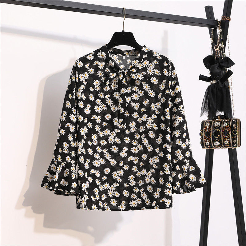 Women's Party Blouses Spring Autumn Long Sleeve Bow Neck Flower Shirts OL Petal Blusas Floral Chiffon Tops for Woman 210514