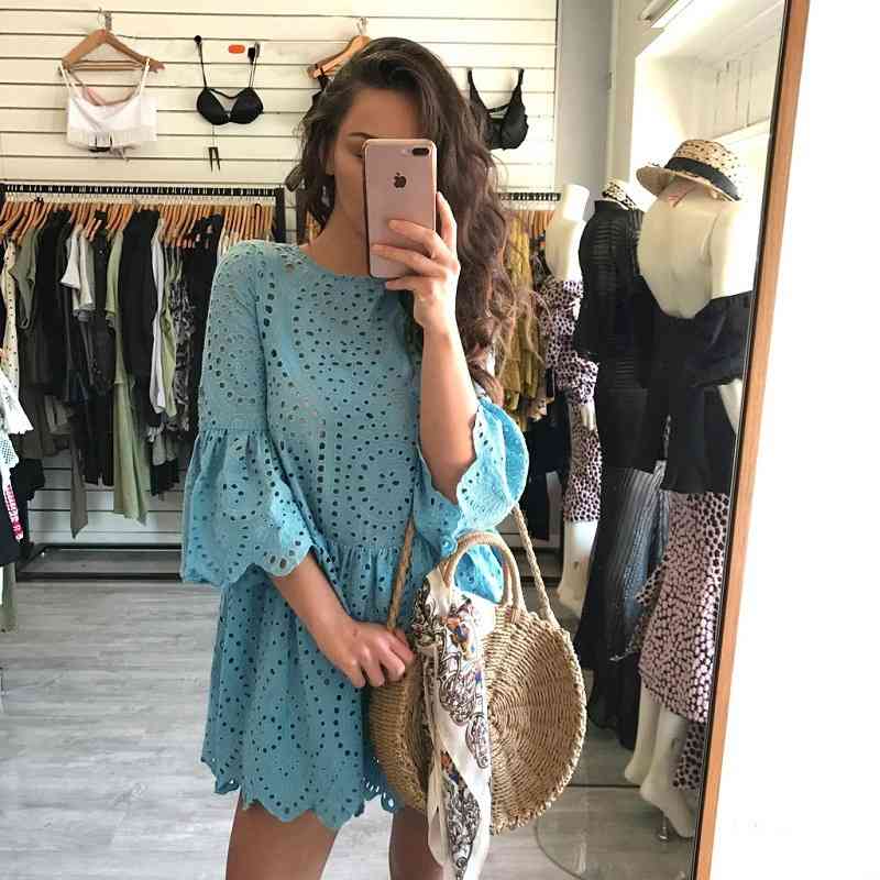 Women Dress White Lace es Flare Sleeve Ruffle Hollow Out Sexy Solid Plus Size Bohemian es Pink Blue 210524