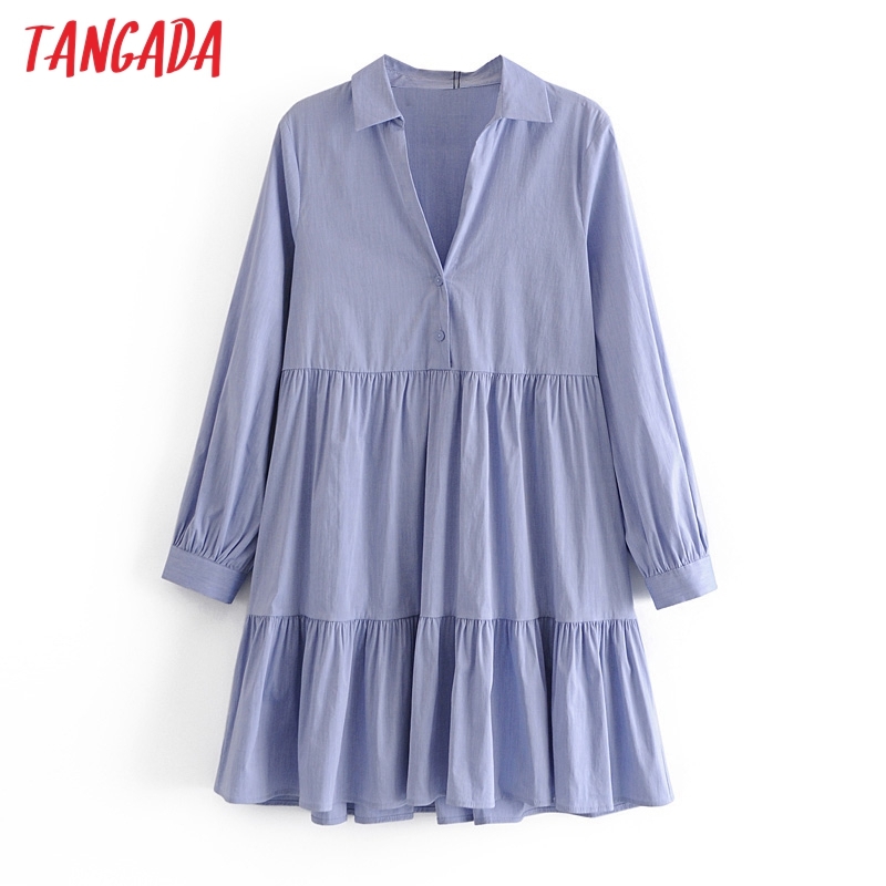Fashion Women Blue Loose Shirt Long Sleeve High Street Ladies Mini Dress 3H89 210416